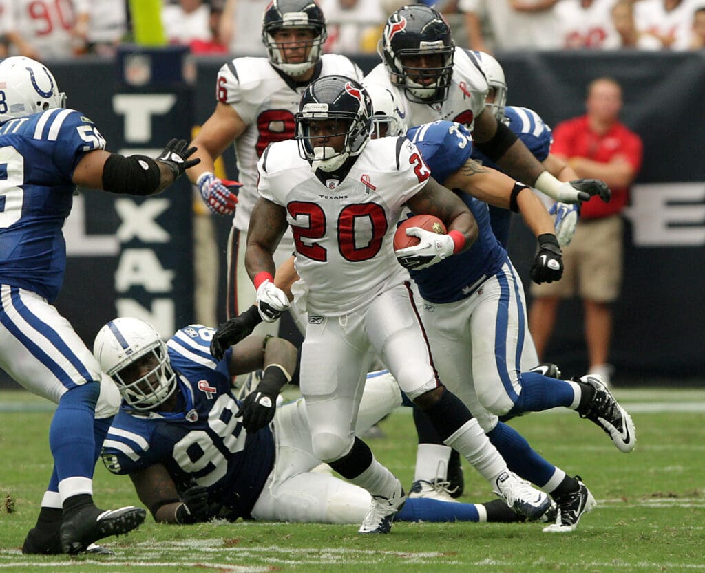 Sep 11, 2011; Houston, TX, USA; Houston Texans running back Steve Slaton (20) rushes in the third quarter against the Indianapolis Colts at Reliant Stadium.