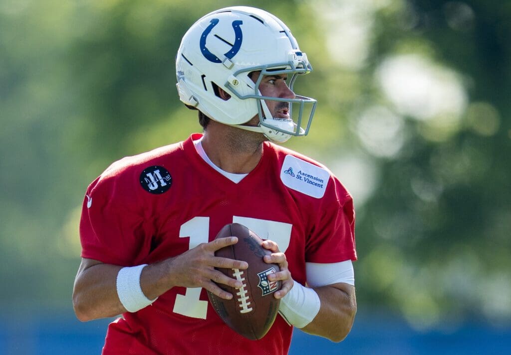 Indianapolis Colts quarterback Daniel Jones (17) drops back to pass Wednesday, July 23, 2025, during the first day of training camp held at Grand Park in Westfield.