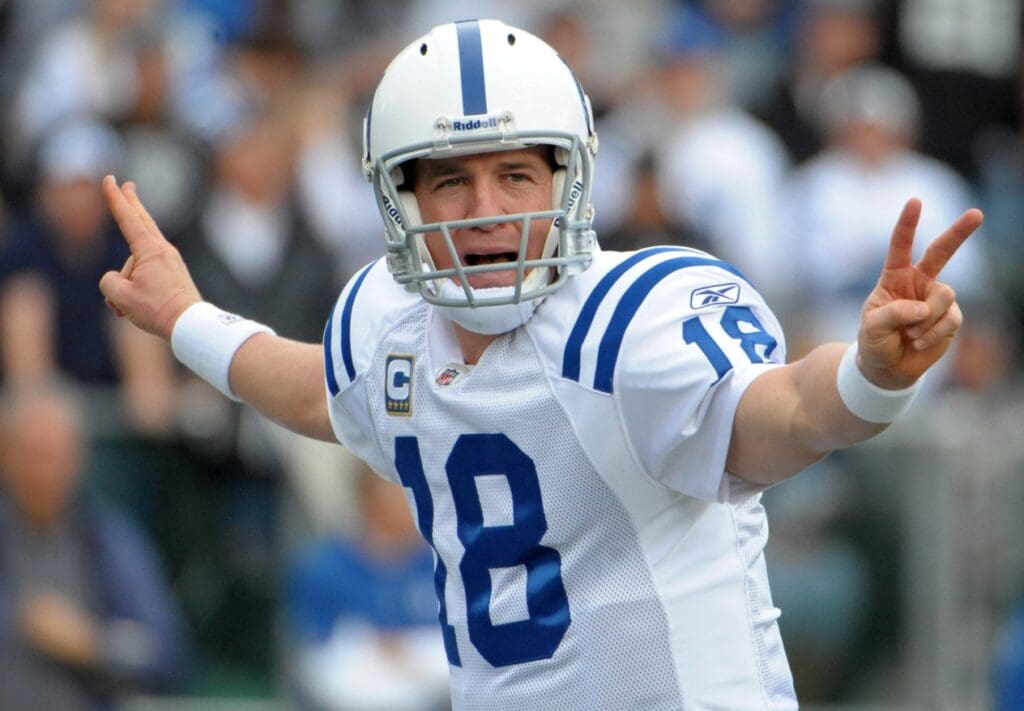 Dec 26, 2010; Oakland, CA, USA; Indianapolis Colts quarterback Peyton Manning (18) gestures during the game against the Oakland Raiders at the Oakland-Alameda County Coliseum. The Colts defeated the Raiders 31-26. 
