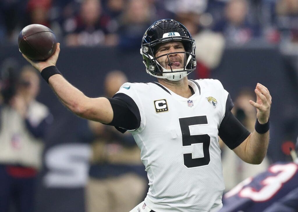 Dec 30, 2018; Houston, TX, USA; Jacksonville Jaguars quarterback Blake Bortles (5) passes against the Houston Texans in the second half at NRG Stadium.