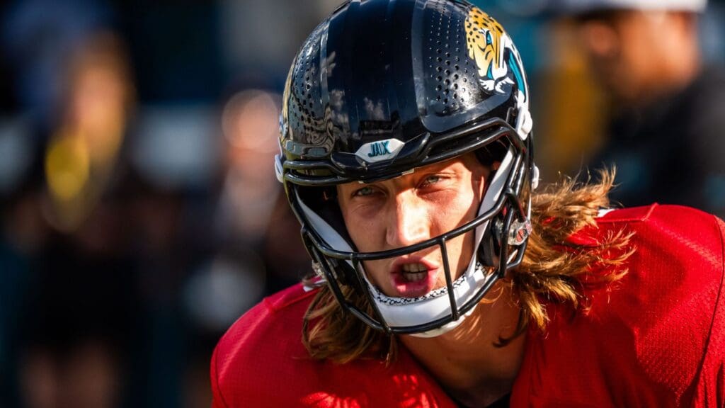 Jacksonville Jaguars quarterback Trevor Lawrence (16) prepares to take a snap before an NFL scrimmage at EverBank Stadium Friday August 1, 2025, 