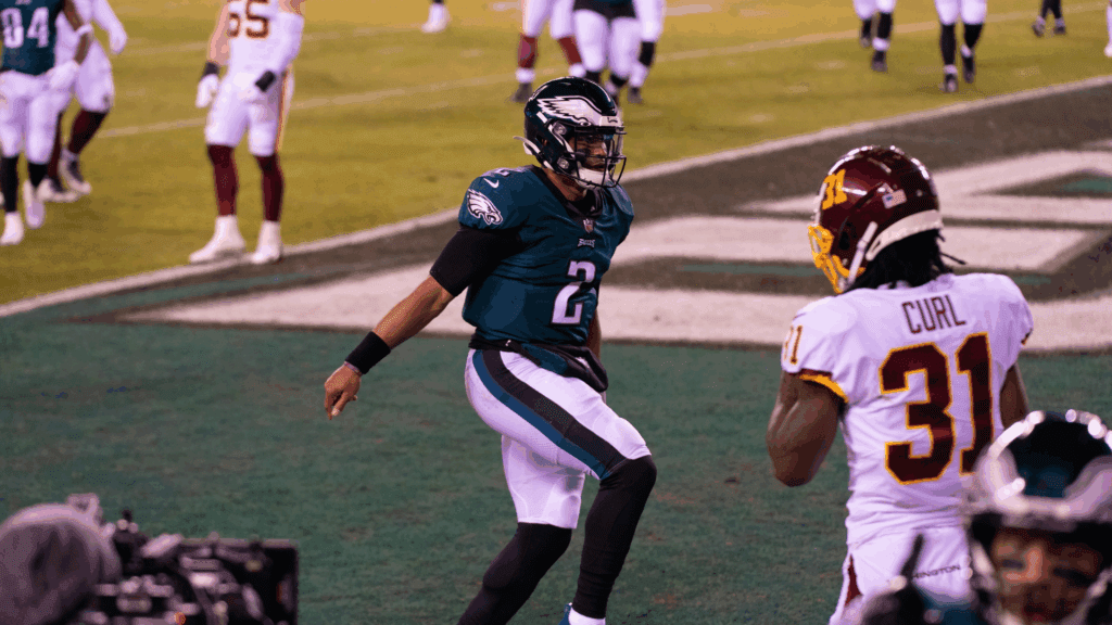 Jan 3, 2021; Philadelphia, Pennsylvania, USA; Philadelphia Eagles quarterback Jalen Hurts (2) reacts after running for a touchdown against the Washington Football Team during the second quarter at Lincoln Financial Field.