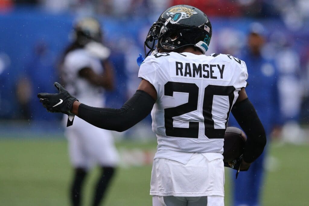 Sep 9, 2018; East Rutherford, NJ, USA; Jacksonville Jaguars cornerback Jalen Ramsey (20) gestures at New York Giants fans on the sidelines before a game at MetLife Stadium.