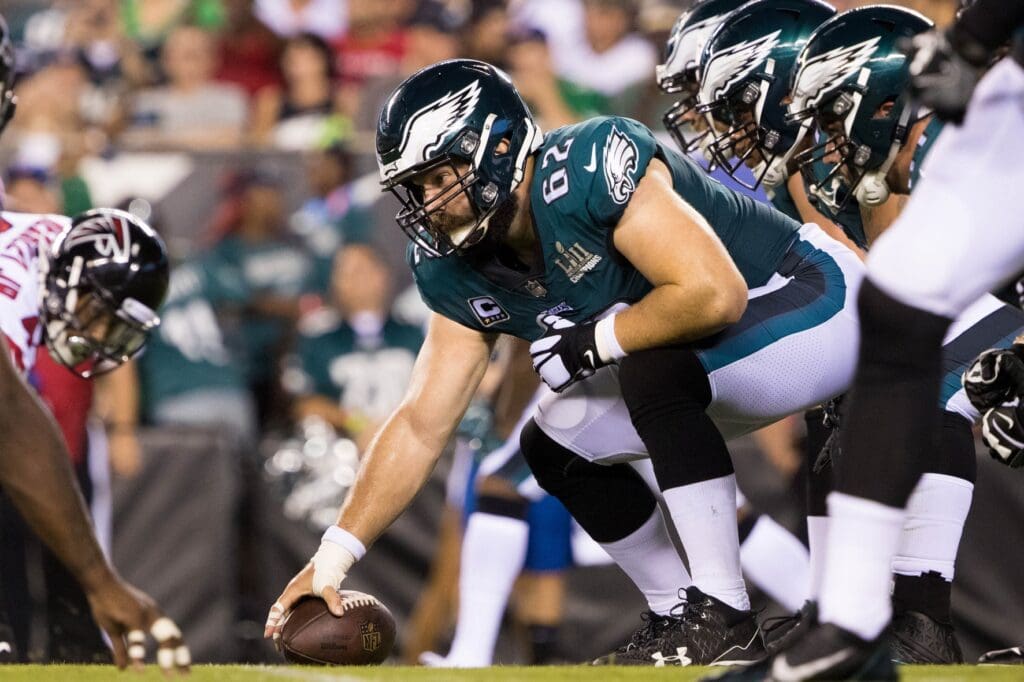 Sep 6, 2018; Philadelphia, PA, USA; Philadelphia Eagles center Jason Kelce (62) prepares to snap the ball against the Atlanta Falcons at Lincoln Financial Field.