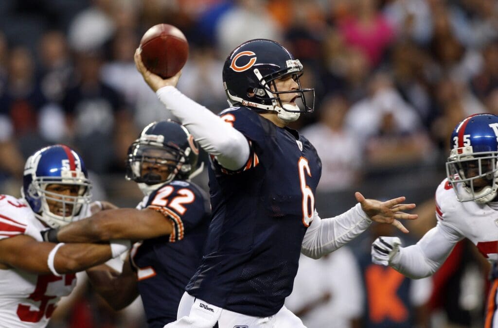 Aug 22, 2009; Chicago, IL, USA; Chicago Bears quarterback Jay Cutler (6) throws a pass during the first quarter of the preseason game against the New York Giants at Soldier Field.