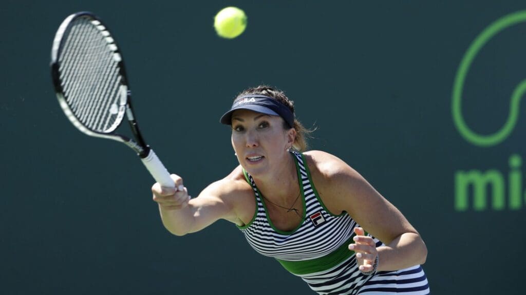 Mar 22, 2017; Miami, FL, USA; Jelena Jankovic of Serbia hits a forehand against Yaroslava Shvedova of Kazakhstan (not pictured) on day two of the 2017 Miami Open at Brandon Park Tennis Center. Shvedova won 4-6, 6-4, 7-6(3). 