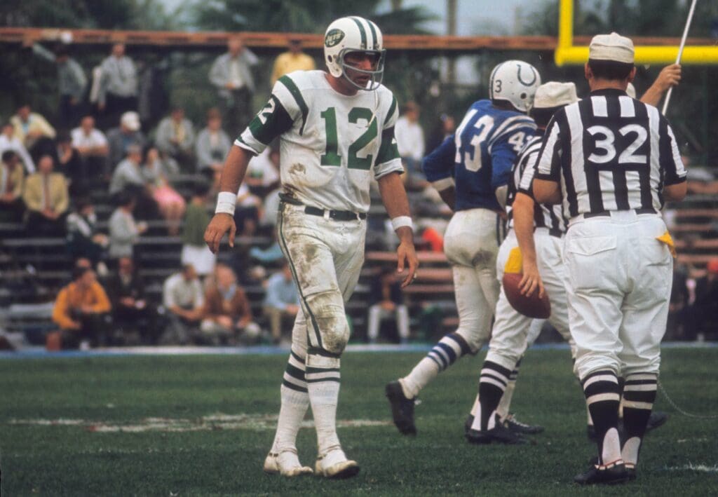 Jan 12, 1969; Miami, FL, USA: FILE PHOTO; New York Jets quarterback Joe Namath (12) against the Baltimore Colts during Super Bowl III at the Orange Bowl. The Jets defeated the Colts 16-7.
