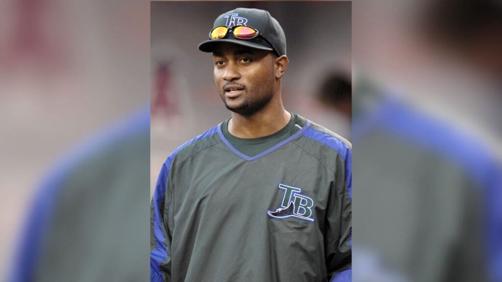 Sep 17, 2007; Anaheim, CA, USA; Joel Guzman of the Tampa Bay Devil Rays (29) during battiing practice before the game against the Los Angeles Angels at Angel Stadium.