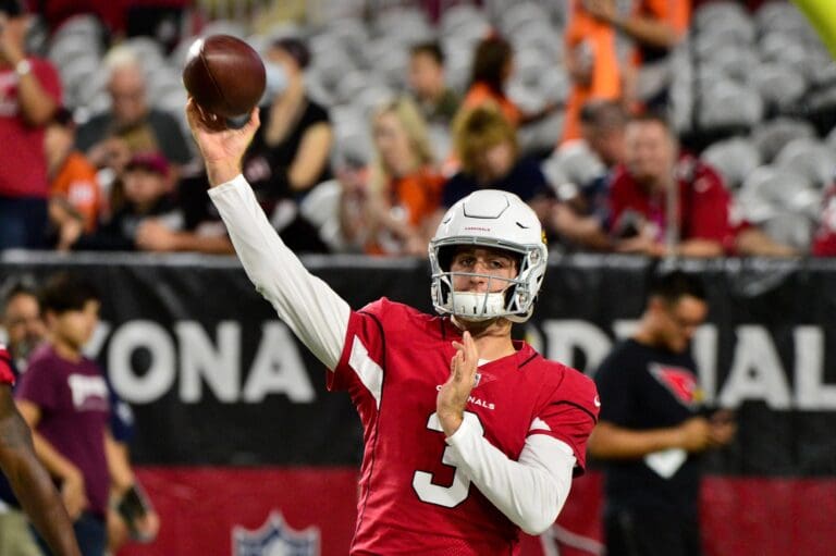 Aug 30, 2018; Glendale, AZ, USA; Arizona Cardinals quarterback Josh Rosen (3) warms up prior to the game against the Denver Broncos at University of Phoenix Stadium.