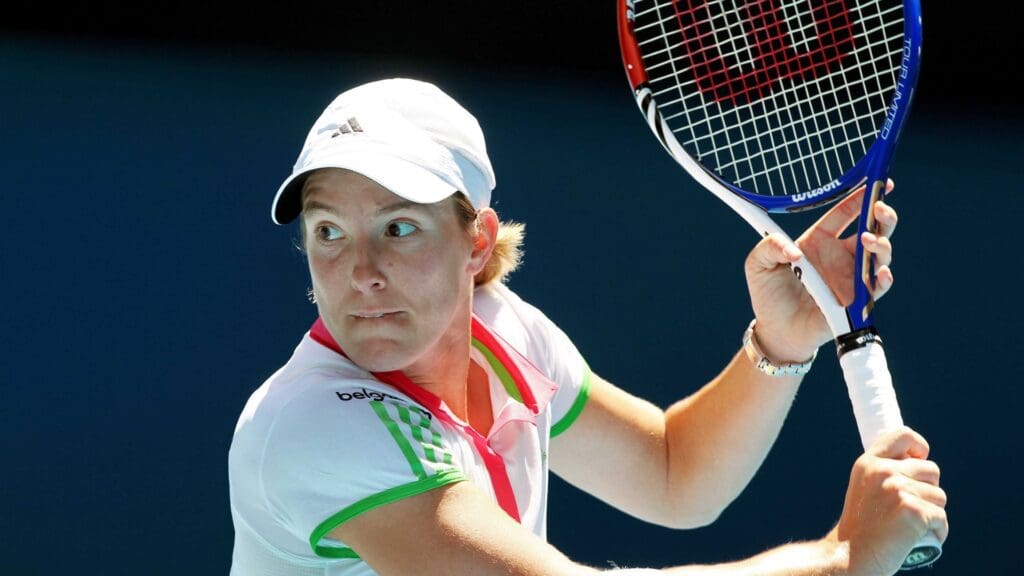 Jan 21, 2011; Melbourne, AUSTRALIA; Justine Henin (BEL) returns a shot against Svetlana Kuznetsova (RUS) on day five of the 2011 Australian Open in Melbourne Park. 
