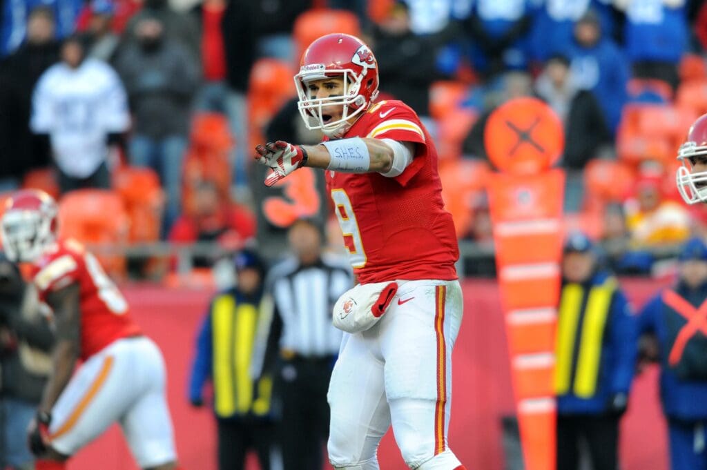 December 23, 2012; Kansas City, MO, USA; Kansas City Chiefs quarterback Brady Quinn (9) motions on the line of scrimmage in the second half of the game against the Indianapolis Colts at Arrowhead Stadium. The Colts won 20-13