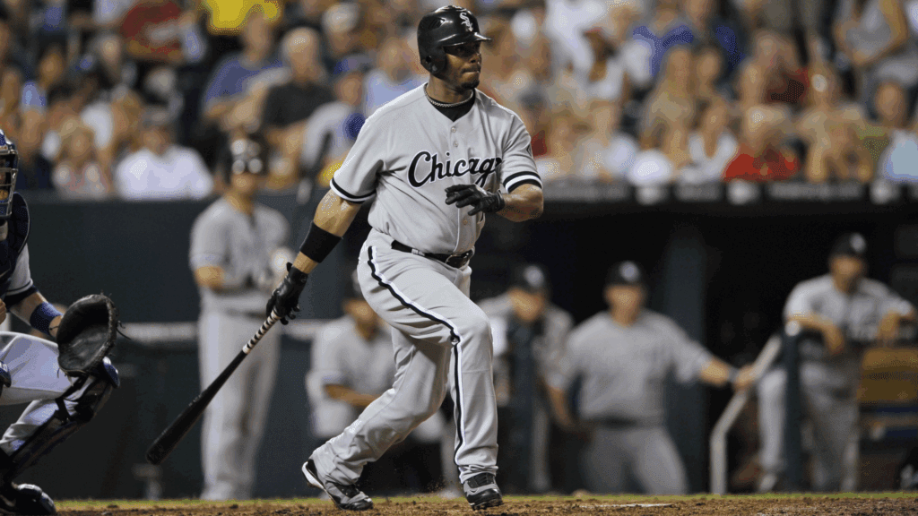 August 1, 2008; Kansas City, MO, USA; Chicago White Sox center fielder Ken Griffey Jr. (17) hits a RBI single in the sixth inning against the Kansas City Royals at Kauffman Stadium.