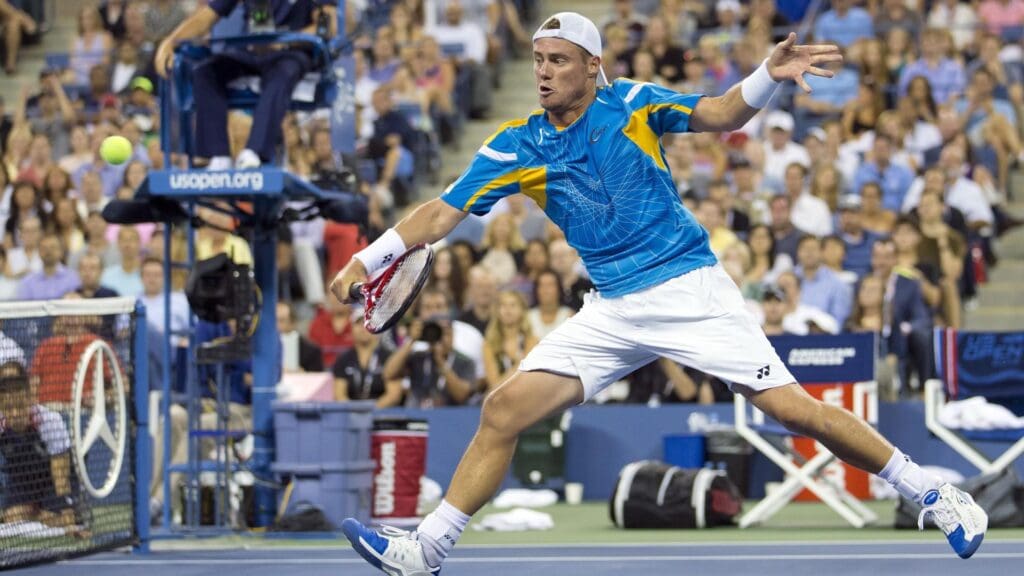 Aug 30, 2013; New York, NY, USA; Lleyton Hewitt (AUS) during his match against Juan Martin Del Potro (ARG) on day five of the 2013 US Open at the Billie Jean King National Tennis Center. 