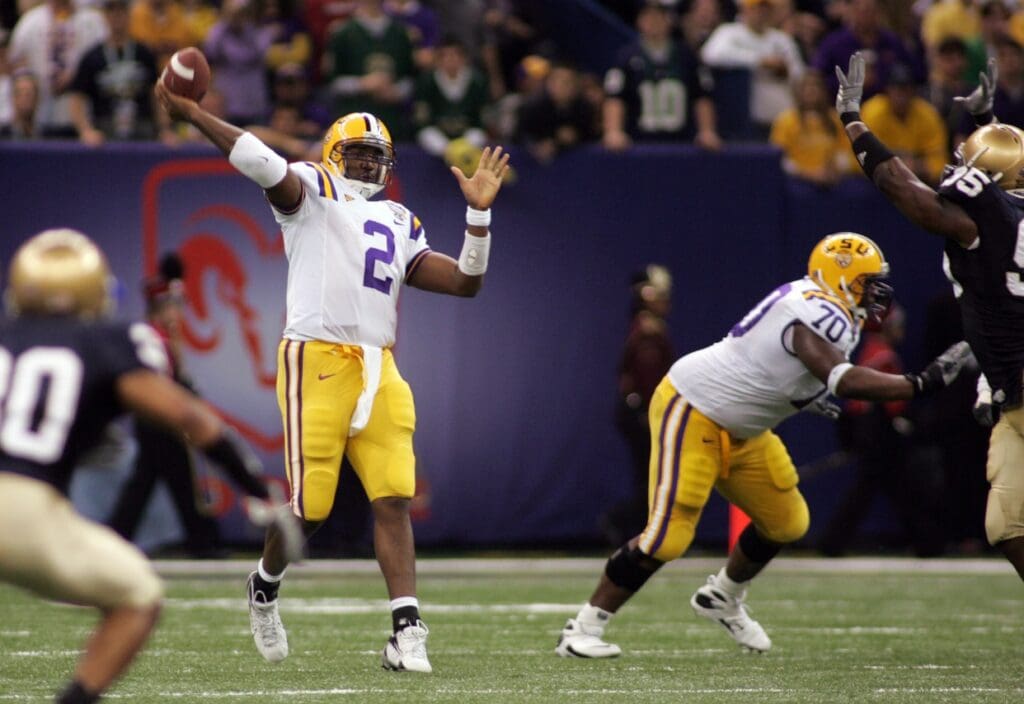 Jan 3, 2007; New Orleans, LA, USA; Louisiana State Tigers quarterback (2) JaMarcus Russell throws during the second quarter of the Sugar Bowl against the Notre Dame Fighting Irish at the Louisiana Superdome in New Orleans, Louisiana.