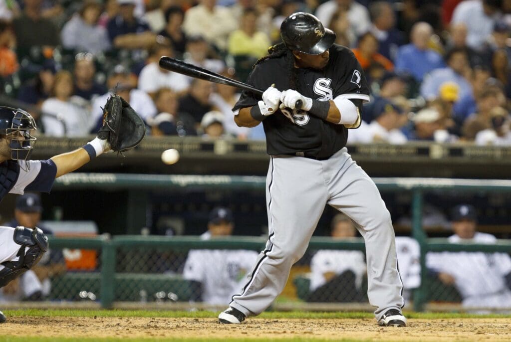 Sep 7, 2010; Detroit, MI, USA; Chicago White Sox designated hitter Manny Ramirez (99) is hit by a pitch in the sixth inning of the game against the Detroit Tigers at Comerica Park.