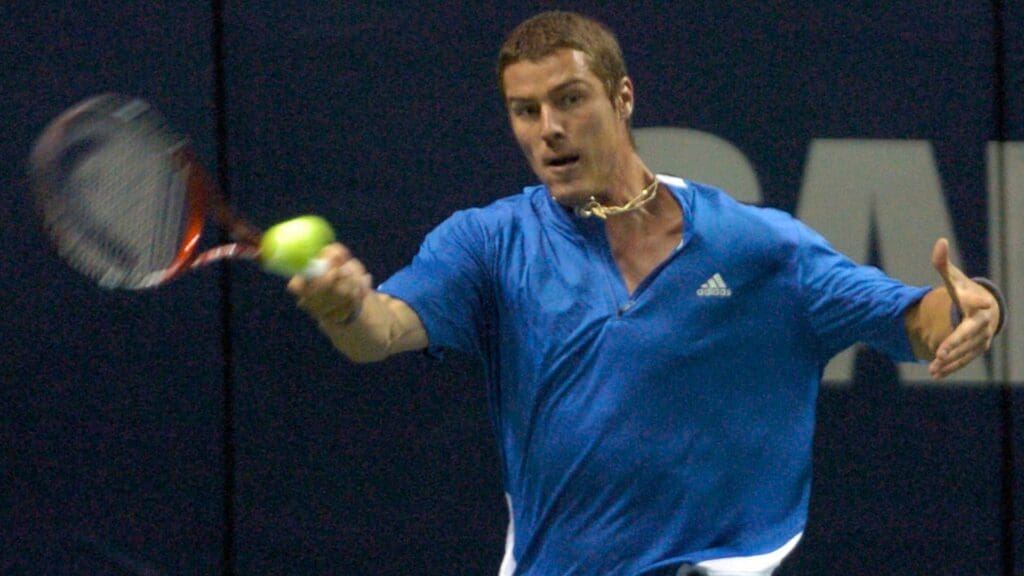 Feb 13, 2007; San Jose, CA, USA; Marat Safin (RUS) returns a shot to Scott Oudsema (USA), not pictured, in the 1st round play during the SAP Open men's tennis tournament at HP Pavilion in San Jose, CA. Safin defeated Oudsema 6-4, 7-6.