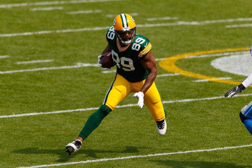 Sep 20, 2020; Green Bay, Wisconsin, USA; Green Bay Packers tight end Marcedes Lewis (89) during the game against the Detroit Lions at Lambeau Field.