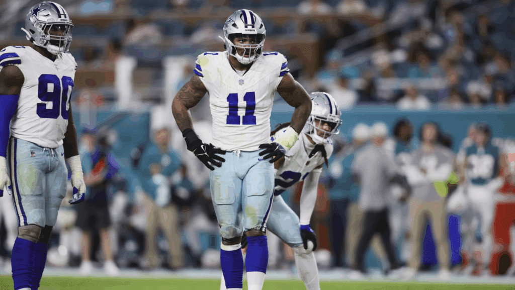 Dec 24, 2023; Miami Gardens, Florida, USA; Dallas Cowboys linebacker Micah Parsons (11) looks on against the Miami Dolphins during the fourth quarter at Hard Rock Stadium.