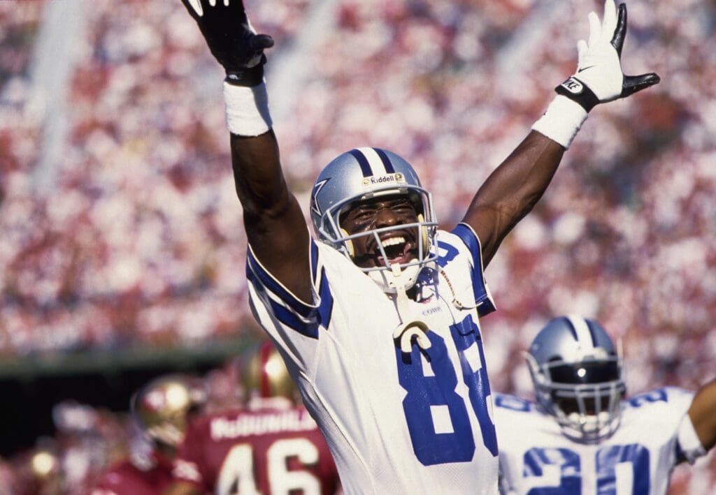 Nov 2, 1997; San Francisco, CA, USA; FILE PHOTO; Dallas Cowboys receiver Michael Irvin (88) celebrates a touchdown against the San Francisco 49ers at Candlestick Park.