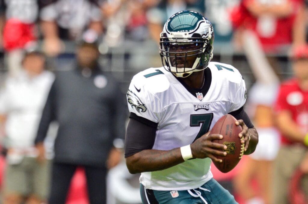 Sept. 23, 2012; Glendale, AZ, USA; Philadelphia Eagles quarterback Michael Vick (7) drops back to pass during the first half against the Arizona Cardinals at University of Phoenix Stadium. 