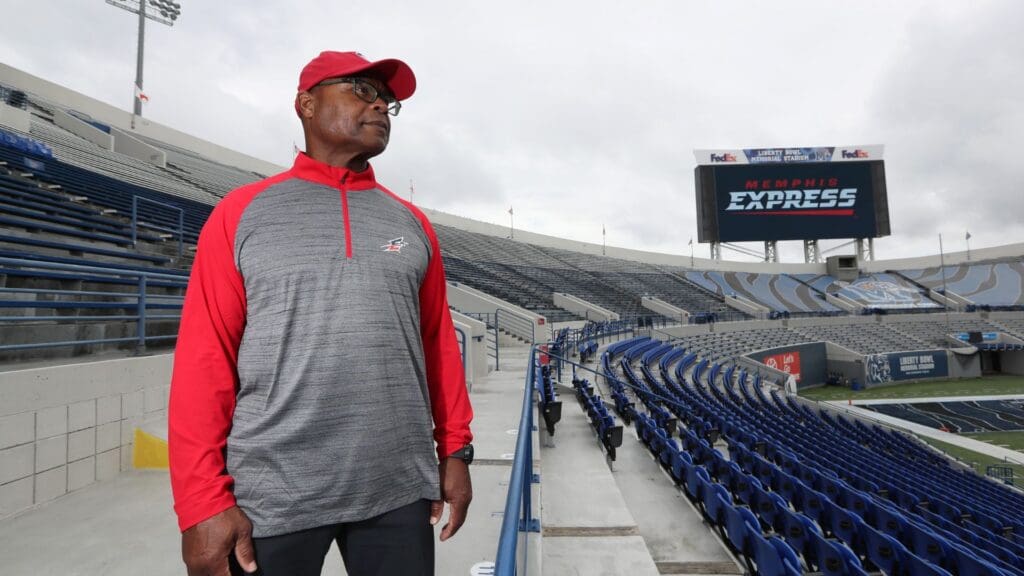 Sept. 23, 2018 - Mike Singletary, coach of the Memphis Express, looks out over Liberty Bowl Memorial Stadium where the team played its home games as a part of the Alliance of American Football league. Singletary Lead