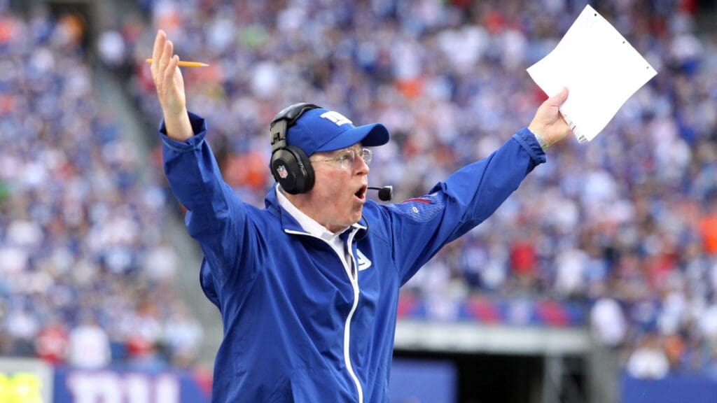 Sep 15, 2013; East Rutherford, NJ, USA; New York Giants head coach Tom Coughlin reacts to a Giants fumble against the Denver Broncos during the second quarter of a game at MetLife Stadium. 