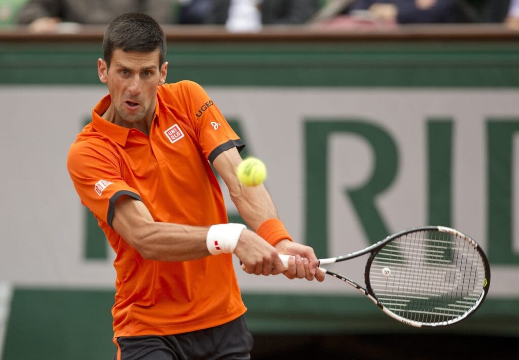 May 26, 2015; Paris, France; Novak Djokovic (SRB) in action during his match against Jarkko Nieminen (FIN) on day three at Roland Garros.