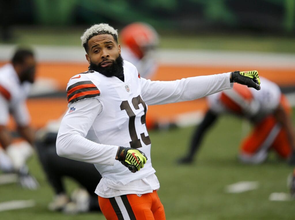 Oct 25, 2020; Cincinnati, Ohio, USA; Cleveland Browns wide receiver Odell Beckham Jr. (13) warms up before the game between the Cincinnati Bengals and the Cleveland Browns at Paul Brown Stadium.