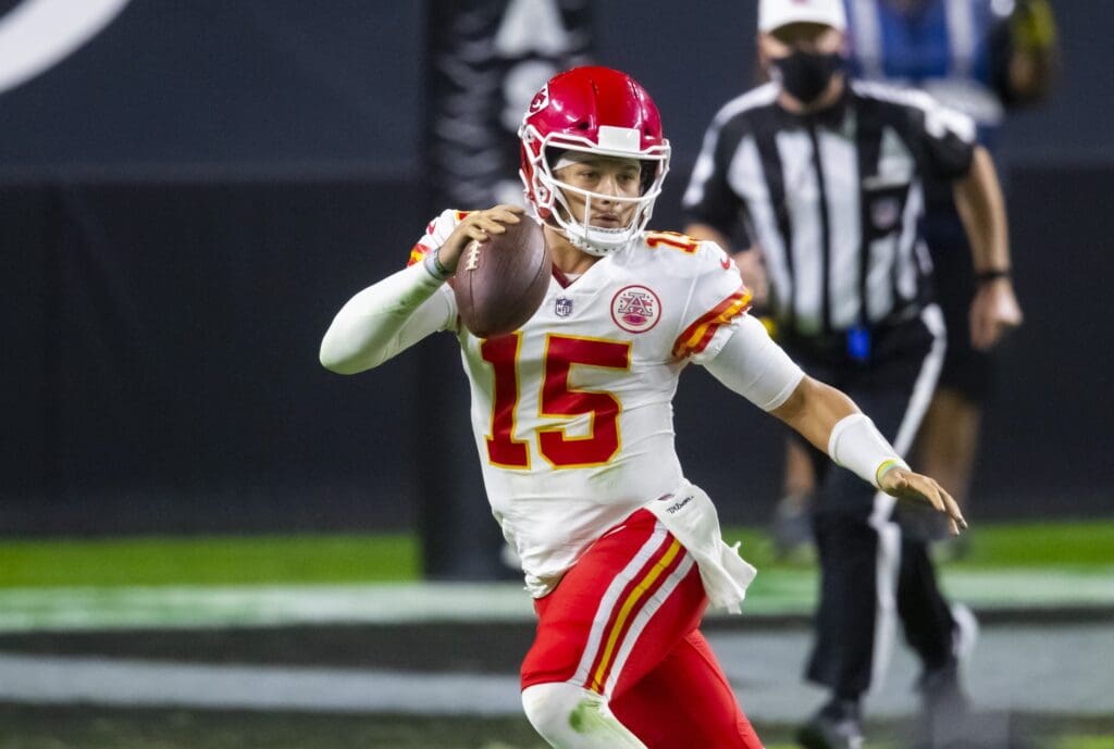 Nov 22, 2020; Paradise, Nevada, USA; Kansas City Chiefs quarterback Patrick Mahomes (15) against the Las Vegas Raiders at Allegiant Stadium.