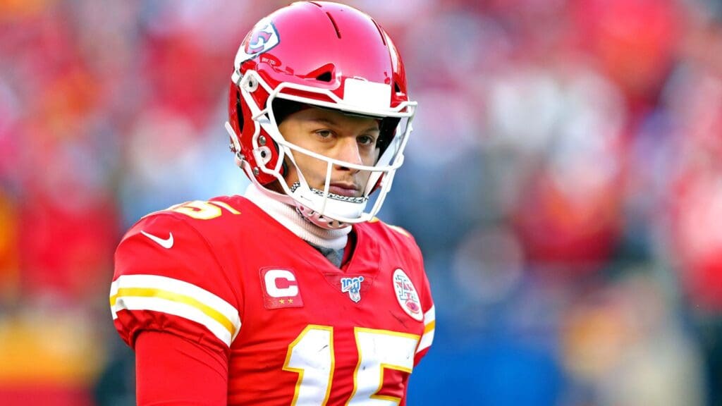 Jan 19, 2020; Kansas City, Missouri, USA; Kansas City Chiefs quarterback Patrick Mahomes (15) during the second half against the Tennessee Titans in the AFC Championship Game at Arrowhead Stadium.