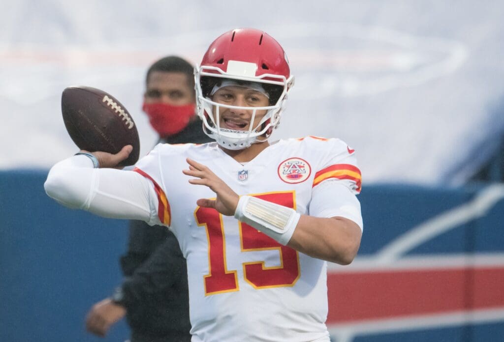 Oct 19, 2020; Orchard Park, New York, USA; Kansas City Chiefs quarterback Patrick Mahomes (15) warms up prior to a game against the Buffalo Bills at Bills Stadium
