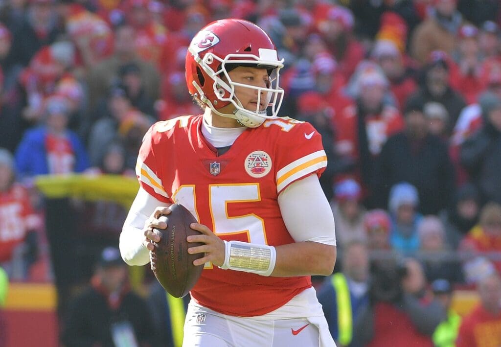 Dec 9, 2018; Kansas City, MO, USA; Kansas City Chiefs quarterback Patrick Mahomes (15) drops back to pass during the game against the Baltimore Ravens at Arrowhead Stadium. The Chiefs won 27-24 in overtime.