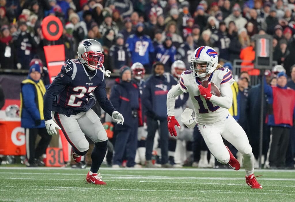 Dec 21, 2019; Foxborough, Massachusetts, USA; Buffalo Bills wide receiver Cole Beasley (10) runs the ball against New England Patriots cornerback J.C. Jackson (27) in the second half at Gillette Stadium. The Patriots defeated Buffalo 24-17.