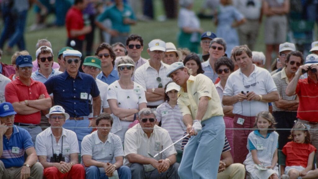 04/12/1985; Augusta, Georgia, USA; Payne Stewart uses an iron to hit the ball at the Augusta National Golf Course during the 1985 Masters.