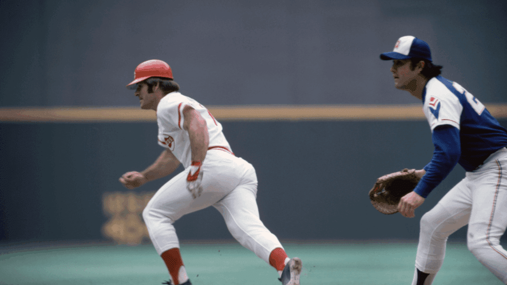 Jun 22, 1974; Cincinnati, OH, USA; FILE PHOTO; Cincinnati Reds base runner Pete Rose in action against the Atlanta Braves at Riverfront Stadium.