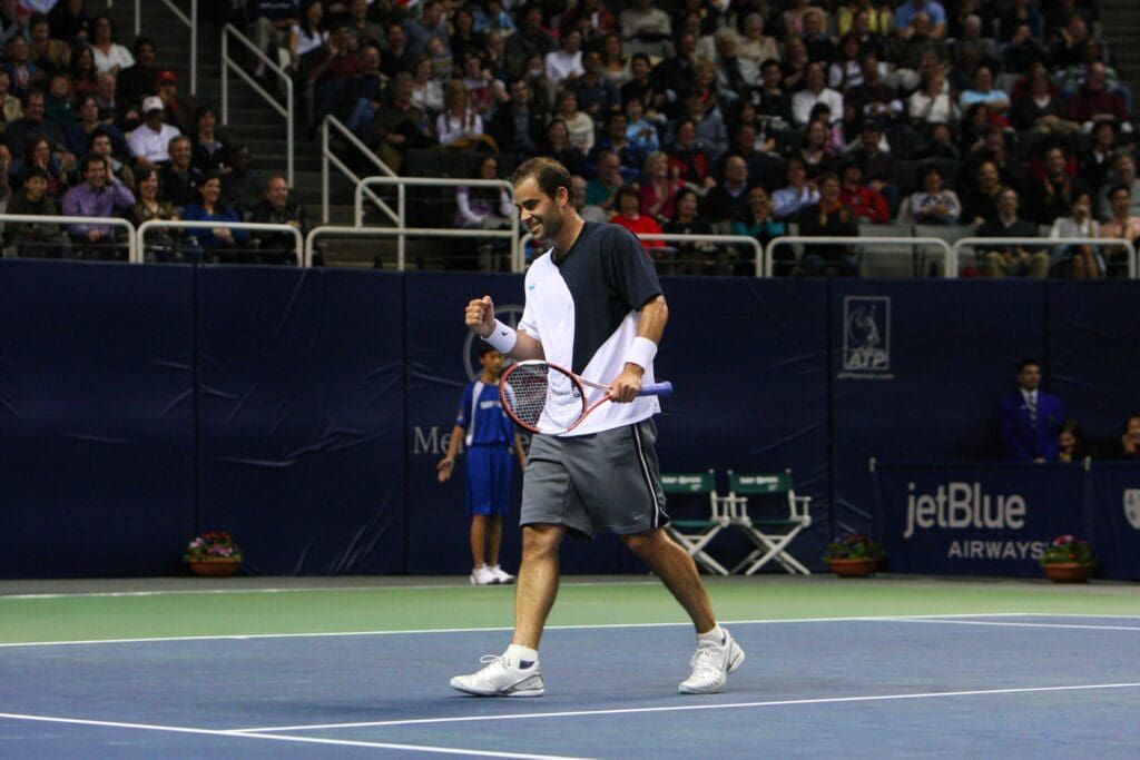 Feb. 18, 2008; San Jose, CA, USA; Pete Sampras (USA) celebrates a point against Tommy Haas (GER), not pictured, in the exhibition match during the SAP Open men's tennis tournament at HP Pavilion in San Jose, CA. Sampras defeated Haas 6-4, 6-2.