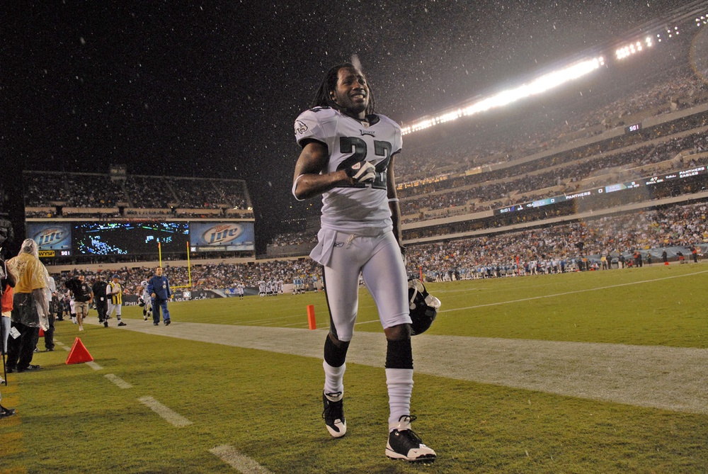 August 14, 2008; Philadelphia, PA USA; Philadelphia Eagles cornerback Asante Samuel runs off the field in the 1st quarter as the game was stopped due to lightning against the Carolina Panthers at Lincoln Financial Field.