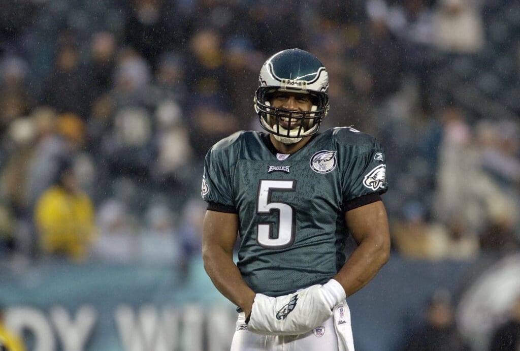 December 30, 2007; Philadelphia, PA USA; Philadelphia Eagles quarterback Donovan McNabb (5) smiles during timeout. Philadelphia Eagles defeated Buffalo Bills 17-9 at Lincoln Financial Field in Philadelphia. 