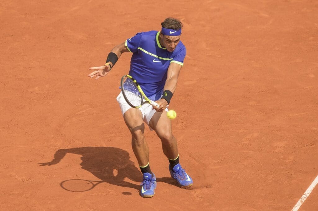 Jun 11, 2017; Paris, France; Rafael Nadal (ESP) in action during his match against Stanislas Wawrinka (SUI) (not pictured) on day fifteen of the 2017 French Open tennis tournament at Stade Roland Garros. 