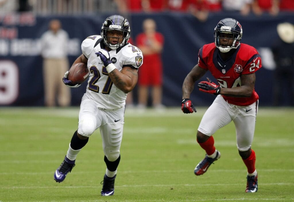Oct 21, 2012; Houston, TX, USA; Baltimore Ravens running back Ray Rice (27) runs the ball against the Houston Texans in the first quarter at Reliant Stadium.