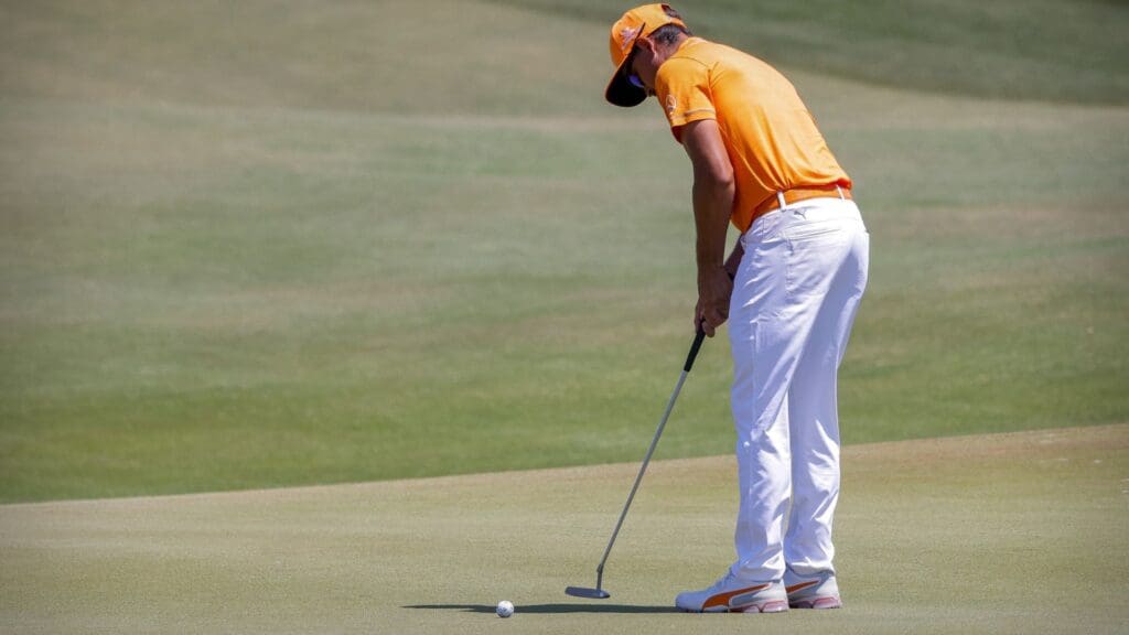 May 23, 2021; Kiawah Island, South Carolina, USA; Rickie Fowler putts on the 6th green during the final round of the PGA Championship golf tournament.
