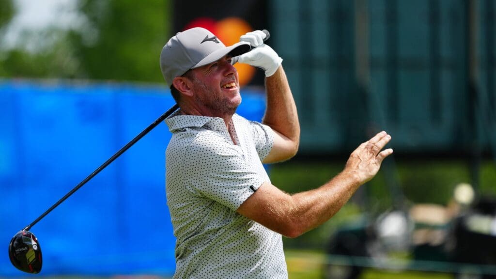 Apr 21, 2022; Avondale, Louisiana, USA; Robert Garrigus plays from the 12th tee during the first round of the Zurich Classic of New Orleans golf tournament.