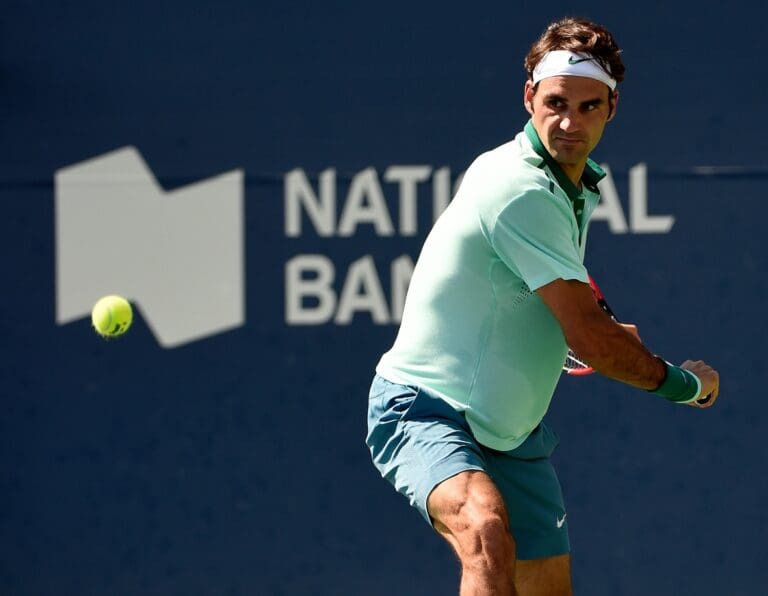 Aug 10, 2014; Toronto, Ontario, Canada; Roger Federer (SUI) Jo Wilfried Tsonga (not pictured) in the mens final on day seven of the Rogers Cup tennis tournament at Rexall Centre - Tsonga won 7-5 7-6.