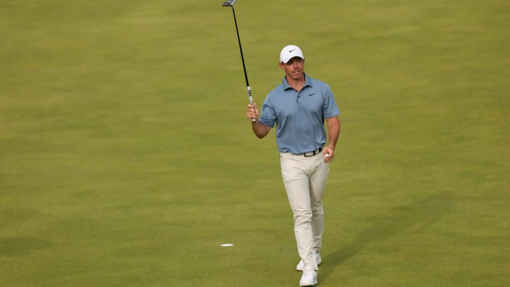 Jul 20, 2025; Portrush, IRL; Rory McIlroy acknowledges the crowd after finishing the final round of The 153rd Open Championship golf tournament at Royal Portrush. 