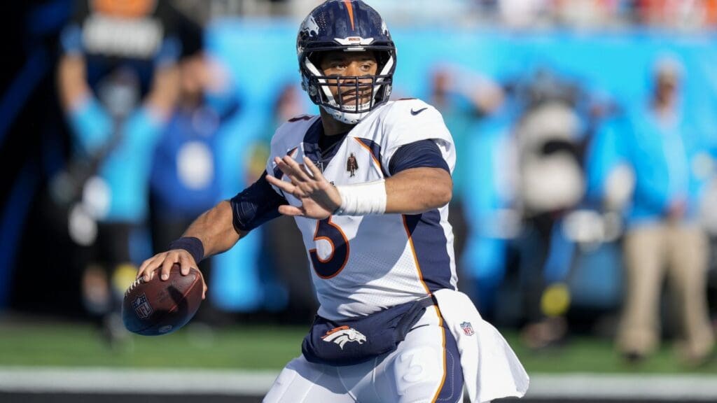 Nov 27, 2022; Charlotte, North Carolina, USA; Denver Broncos quarterback Russell Wilson (3) drops back to pass during the first quarter against the Carolina Panthers at Bank of America Stadium.