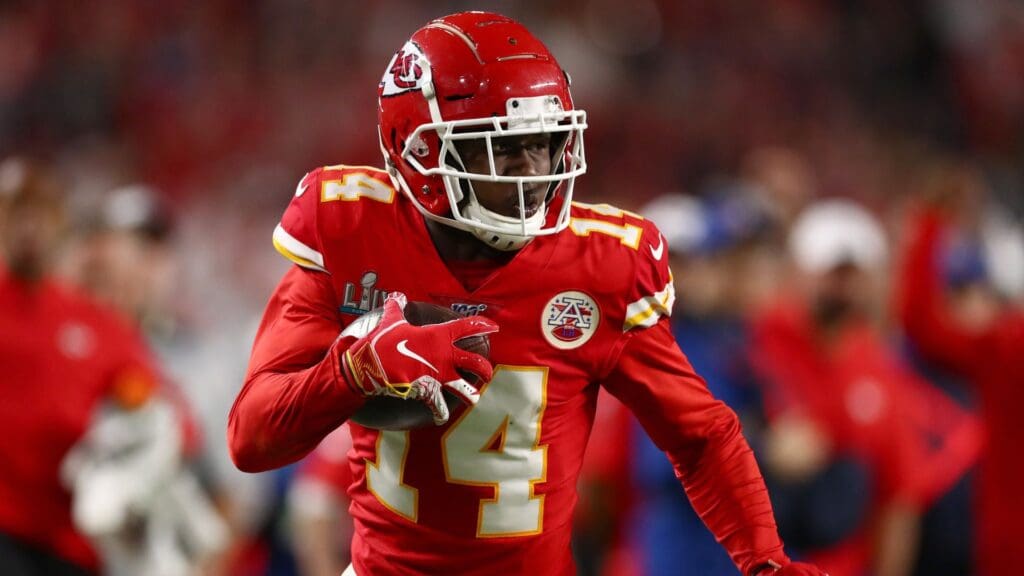 Feb 2, 2020; Miami Gardens, Florida, USA; Kansas City Chiefs receiver Sammy Watkins (14) runs after a reception against the San Francisco 49ers in Super Bowl LIV at Hard Rock Stadium.
