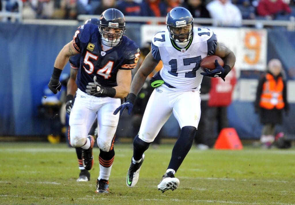 Dec. 18, 2011; Chicago, IL, USA; Seattle Seahawks wide receiver Mike Williams (17) makes a catch against the Chicago Bears during the second half at Soldier Field. The Seahawks defeat the Bears 38-14.