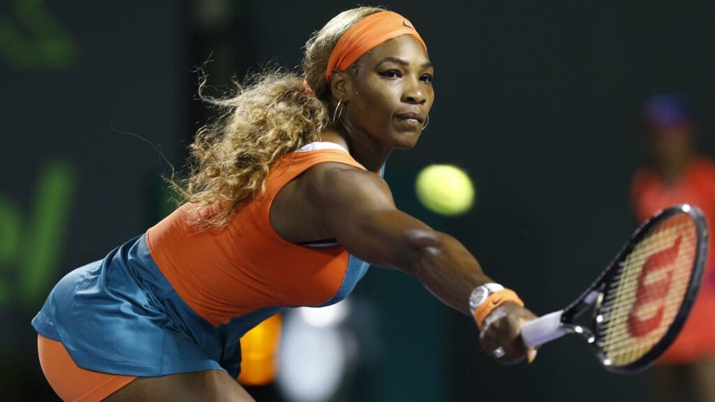 Mar 25, 2014; Miami, FL, USA; Serena Williams hits a backhand against Angelique Kerber (not pictured) on day nine of the Sony Open at Crandon Tennis Center. Williams won 6-2, 6-2. 