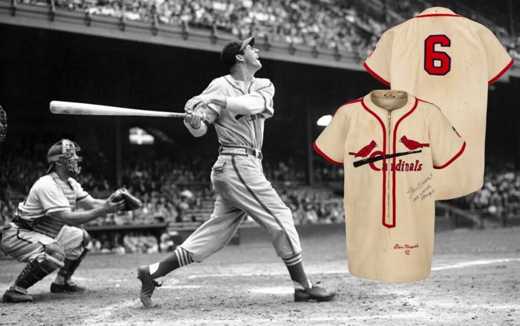 A 1942 Stan Musial game worn rookie jersey. Worn during the Cardinals 1942 Championship season