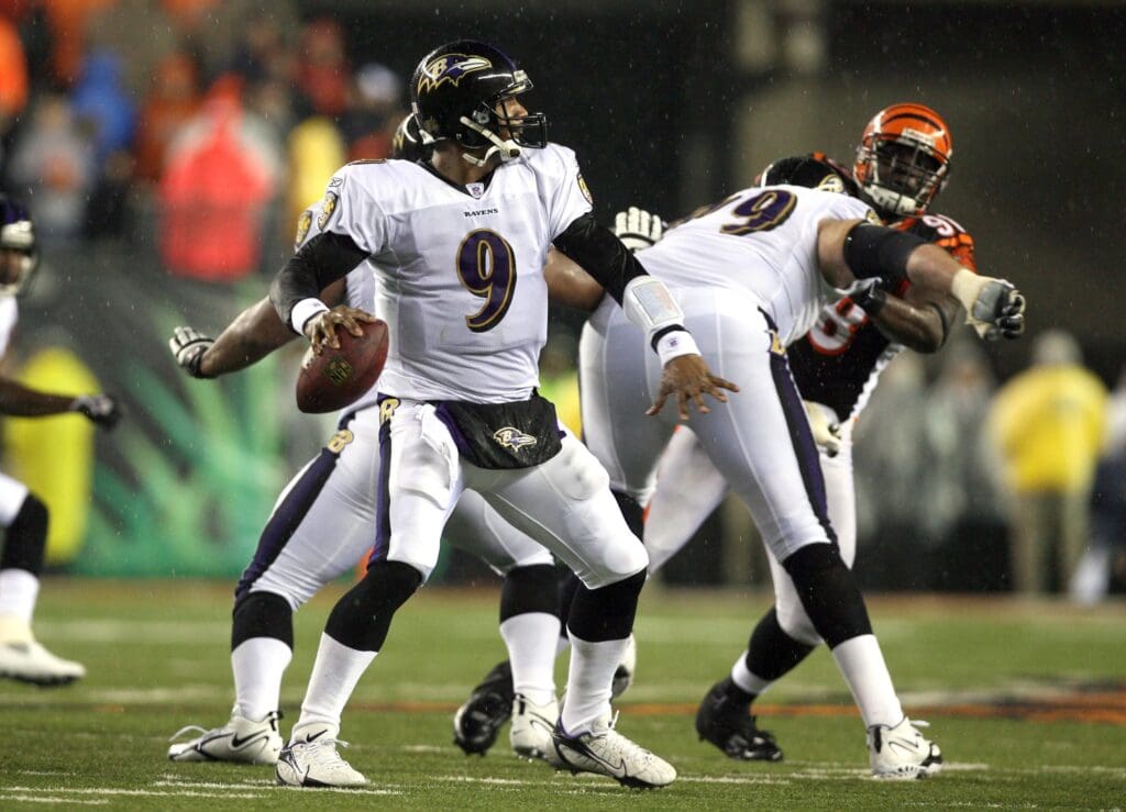 Nov 30, 2006; Cincinnati, OH, USA; Baltimore Ravens quarterback (9) Steve McNair in action against the Cincinnati Bengals at Paul Brown Stadium. The Bengals beat the Ravens 13-7.